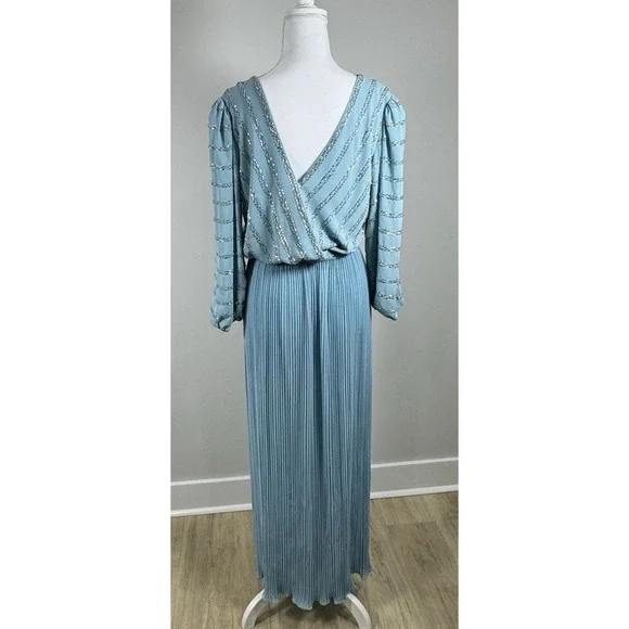 Vintage Jack Bryan Beaded Maxi Dress Pleated Blue Grecian Evening Prom Size S - Picture 3 of 16